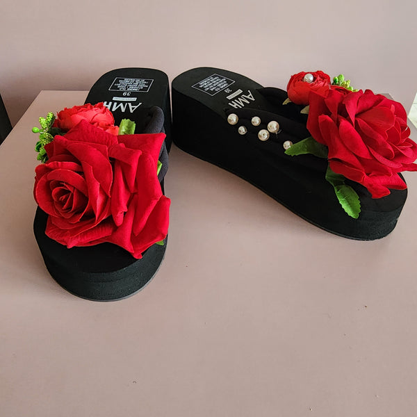 Big Flower High Slippers [BLACK/RED]