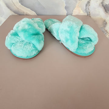 Fur Cross Slippers [Turquoise]