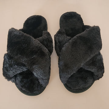 Fur Cross Slippers [Black]